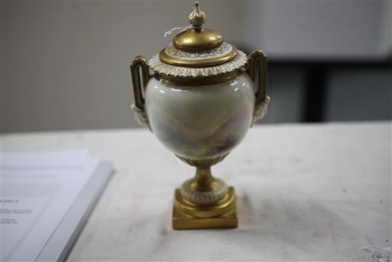 A Royal Worcester stag & doe vase and cover, painted by Harry Stinton, 20.5cm, restorations